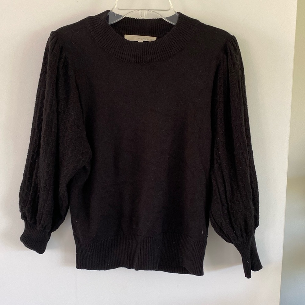 MONK & LOU black cotton modal sweater crochet puff short sleeve XS